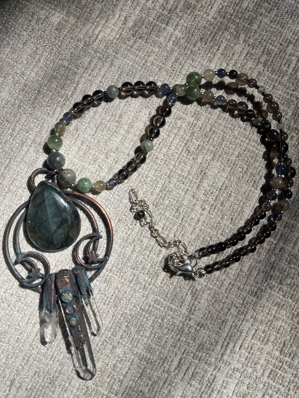 Boho Copper Artisan Labradorite Quartz Crystal Point Talisman Pendant Gemstones